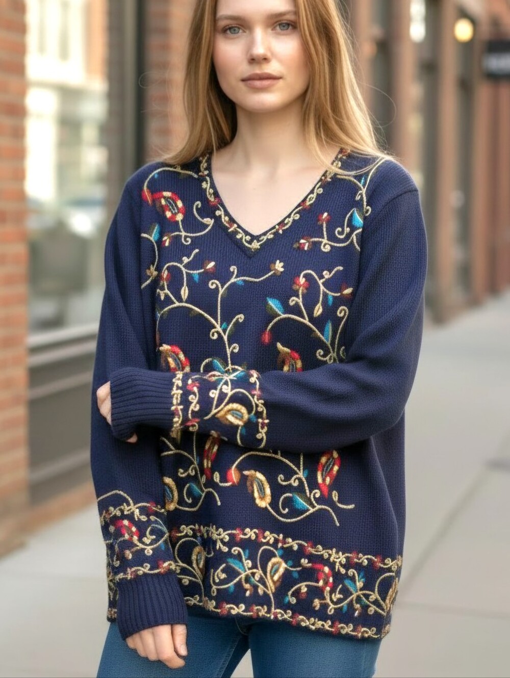 Vintage 90s Stitches in Time Embroidered Floral Sweater Navy Blue V-Neck Size 1X
